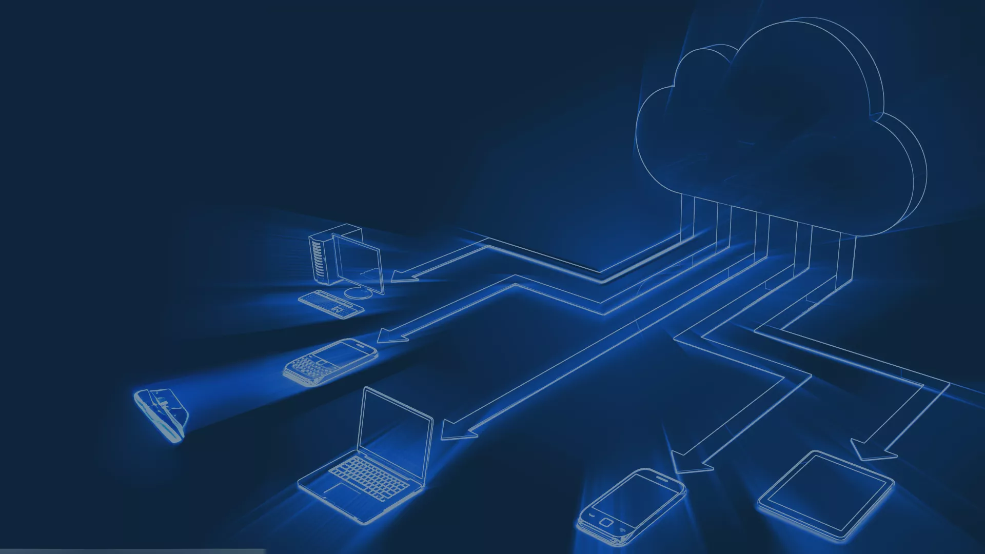 Eine stilisierte Darstellung einer Cloud-Computing-Infrastruktur mit verschiedenen Geräten, die mit einer Cloud-Plattform verbunden sind. Die Grafik symbolisiert die digitale Transformation, Resilienz und digitale Souveränität durch Cloud-Technologien. Sie zeigt, wie unterschiedliche Endgeräte – darunter Laptops, Smartphones, Server und Router – sicher auf Cloud-Dienste zugreifen.
