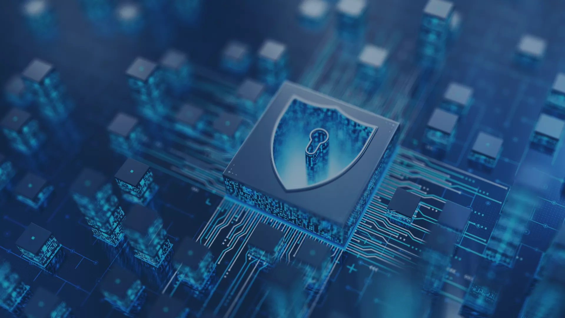 Symbolische Darstellung von Cyber Security: Eine digital gestaltete Schaltkreis-Landschaft mit einem zentralen Sicherheitselement in Form eines Chips mit einem Schild- und Schlüsselloch-Symbol. Die Darstellung vermittelt den Schutz von IT-Systemen und Netzwerken vor Sicherheitslücken und Cyberangriffen.