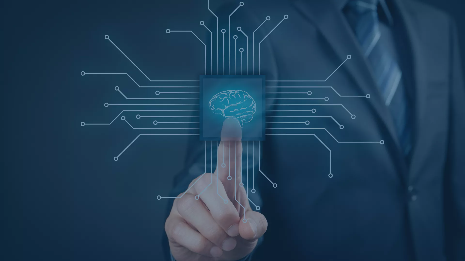 Visualisierung, wie Künstliche Intelligenz (KI) Geschäftsprozesse in Microsoft Dynamics 365 revolutioniert: Eine Person im Anzug tippt auf ein digitales Symbol mit Gehirn-Icon, von dem sich Schaltkreise abstrahlen – symbolisch für die Integration von KI in Bereiche wie Customer Service, Sales, Field Service und Project Operations, um Routinetätigkeiten zu automatisieren.
