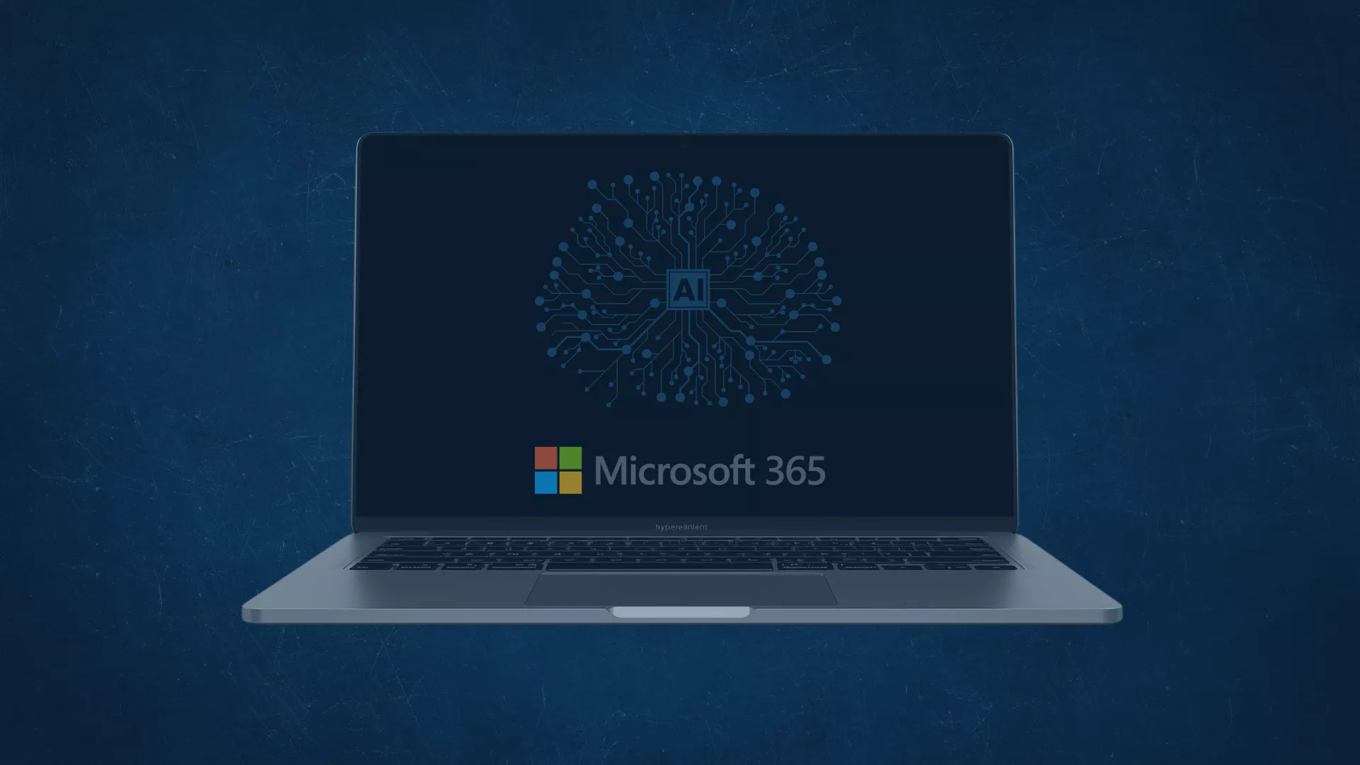 Laptop mit Microsoft-365-Logo und KI-Symbol auf dem Bildschirm vor blauem Hintergrund. Symbolisiert die Einführung von Microsoft 365 Copilot und die Potenziale durch Copilot Agents sowie ROI-Analysen für gesteigerte Produktivität und Effizienz.