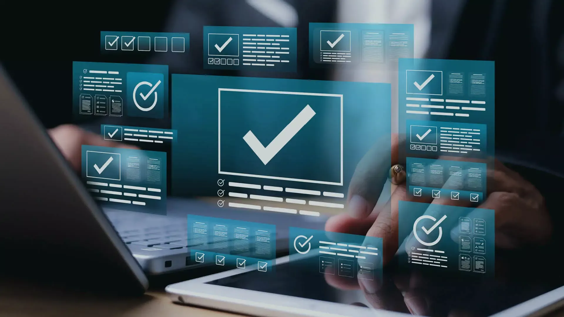 Digitale Checklisten und Prüfoberflächen schweben über Laptop und Tablet als Symbol für IT-Infrastruktur-Assessments.