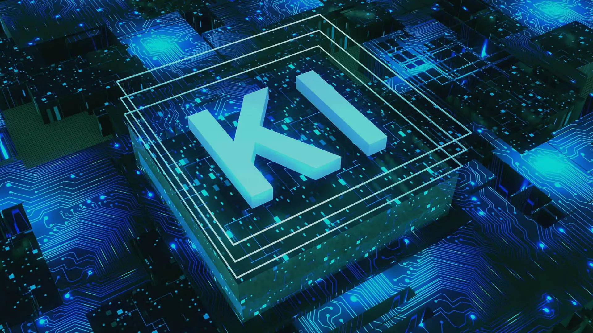 3D-Darstellung des Schriftzugs „KI“ auf einer digitalen Mikrochip-Struktur in futuristischem, blau leuchtendem Design.