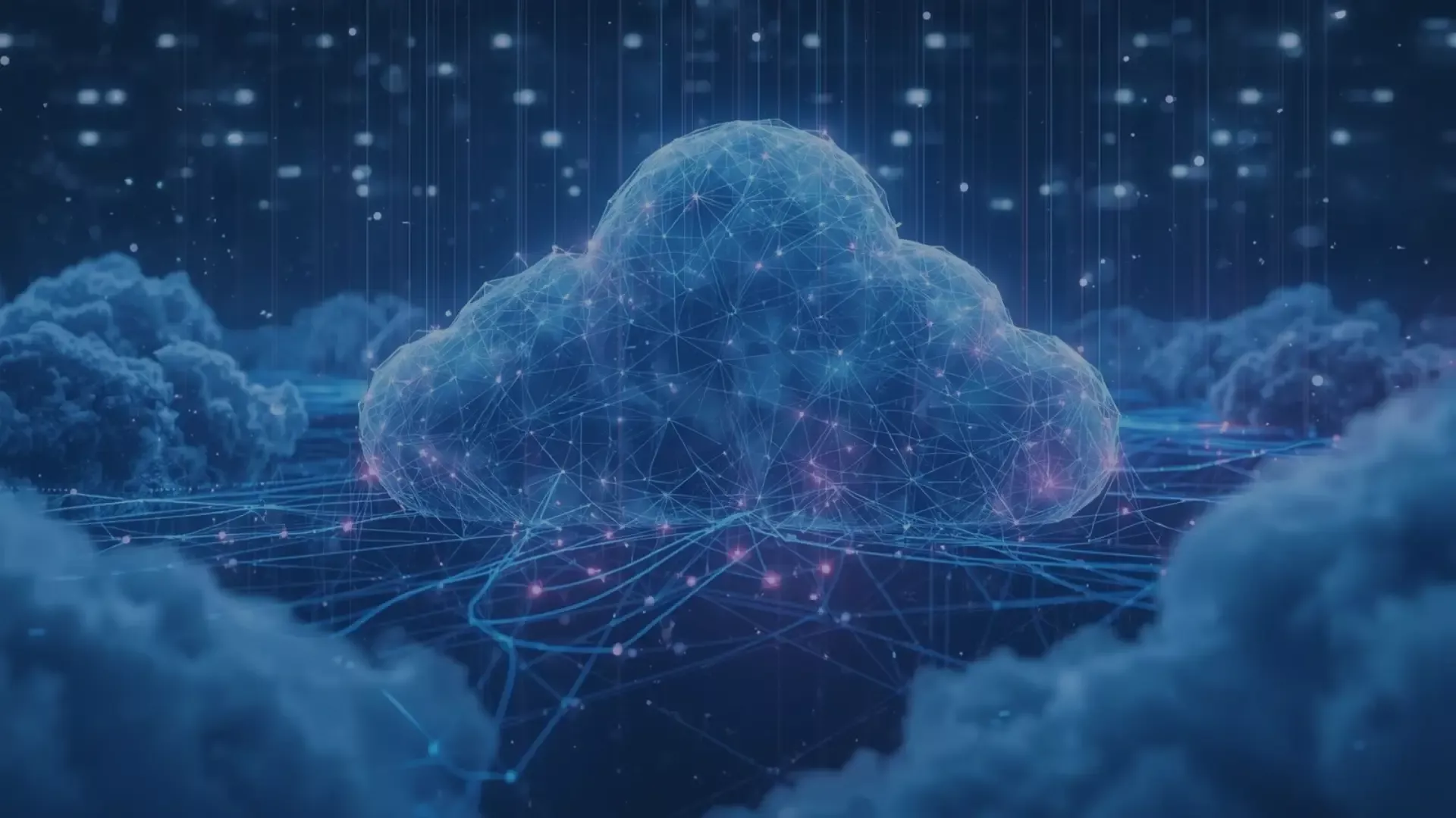Darstellung einer digitalen Cloud-Infrastruktur: Eine leuchtende Datenwolke ist über ein Netzwerk aus verbundenen Punkten und Linien dargestellt. Das Motiv steht für moderne Cloud-Architekturen, AWS-Services, Plattform-Engineering und Cloud-Governance.