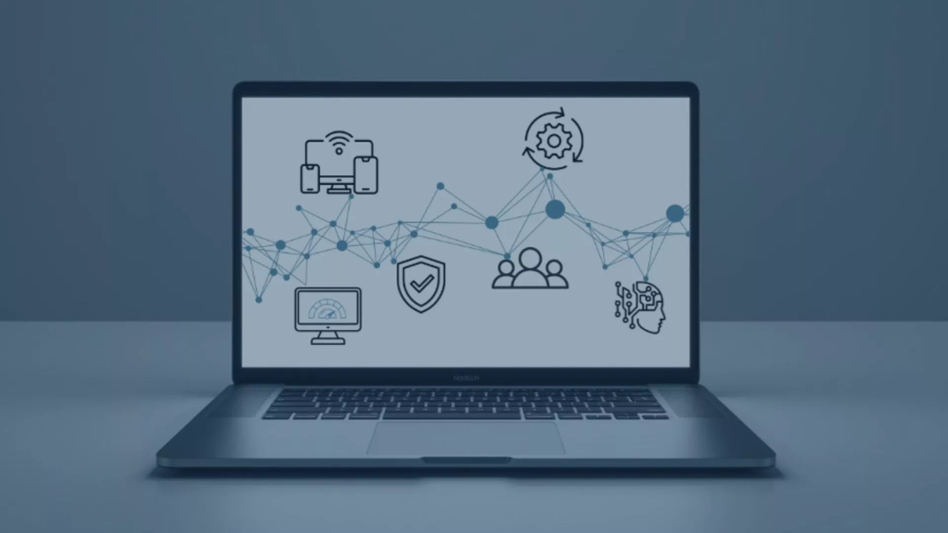 Illustration eines Laptops mit Symbolen für den digitalen Arbeitsplatz: Vernetzte Geräte, Sicherheit, Kollaboration, KI, Prozesse, und Menschen – repräsentiert die intelligente Verbindung von Technologie, Sicherheit und Teamarbeit für einen modernen, effizienten und zukunftssicheren Arbeitsplatz.