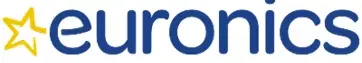 Dunkelblauer euronics Schriftzug mit einem gelben, offenen Stern-Umriss links