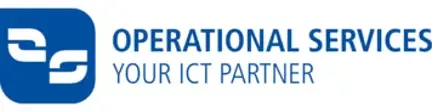 Blaues operational services Logo mit abstraktem weißen OS-Symbol in einem Quadrat und dem Zusatz YOUR ICT PARTNER