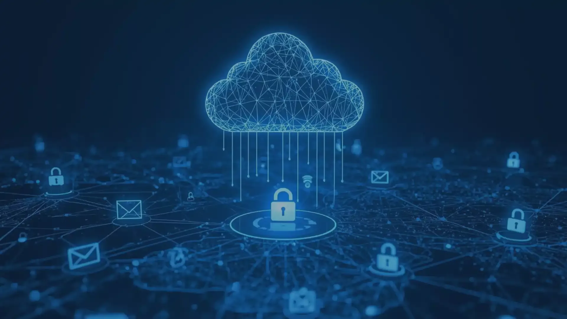 Symbolische Darstellung einer sicheren und zukunftsorientierten Migration zu Exchange Online: Ein digitales Netzwerk mit Cloud-Struktur, verschlüsselten Datenströmen und Schutzmechanismen wie Vorhängeschlössern und E-Mail-Symbolen.